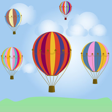 Colorful balloons in the blue sky, clouds, light