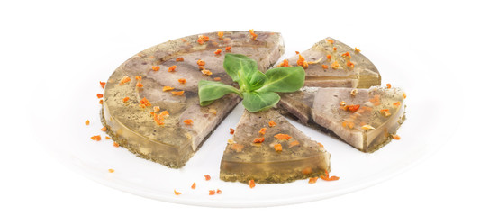 Холодец из курица с зеленью на тарелке без фона