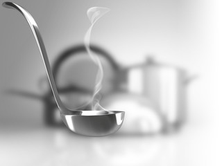 soup ladle with fragrant smoke on kitchenware background