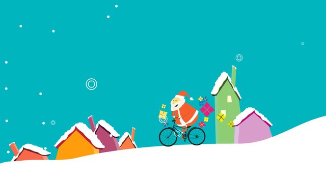 Santa riding a bike dropping presents along. Cartoon vector animation