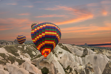 Air balloons in Cappadocia, Turkey, sunset