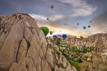Cappadocia, Turkey, hot air balloons. Sunset mountain scenery