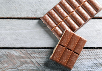 Chocolate on wooden background closeup