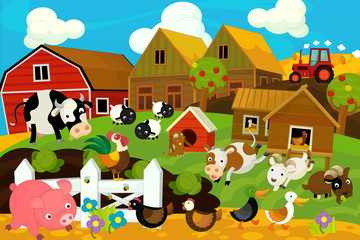 Obraz na płótnie Canvas Happy and colorful farm scene - illustration for the children