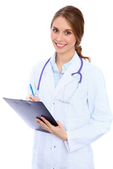 Friendly smiling young female doctor, isolated over white background