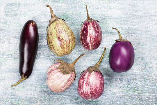 Eggplants on a wooden table.