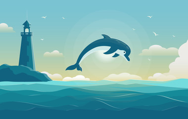 One jumping dolphin, blue sea background with waves and lighthouse. Vector Illustration