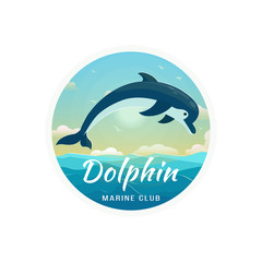 Fototapeta premium One jumping dolphin, blue sea background with waves . Vector Illustration, banner, icon.
