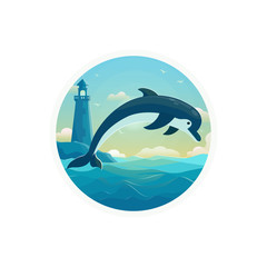 One jumping dolphin, blue sea background with waves . Vector Illustration, banner, icon