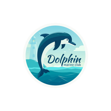One jumping dolphin, blue sea background with waves . Vector Illustration, banner, icon.