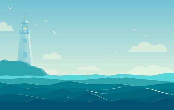 blue sea background with waves and lighthouse. Vector Illustration