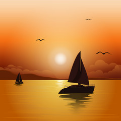 Obraz na płótnie Canvas Sunset at sea with yachts. Sea voyage on the yacht.. Yachting. Vector Illustration
