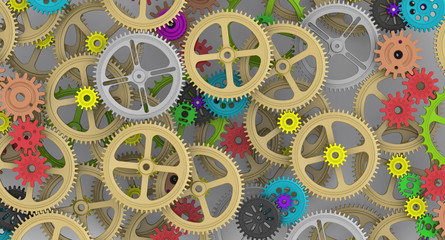 Background image with gears and cogwheels of different sizes. Illustration. Technologies and mechanism