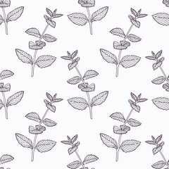 Cotton fabric Hand drawn mint branch outline seamless pattern