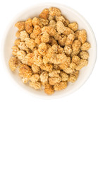 Dried white mulberry in white bowl over white background