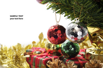 Christmas decoration/Close up Christmas decoration with sample text on white background.