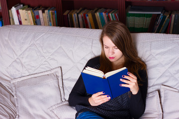 young woman sitting on sofa at home, reading a book 