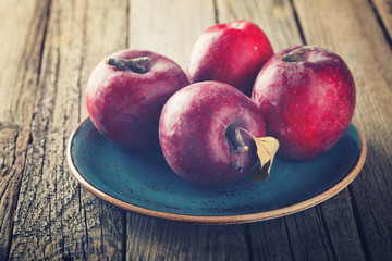 Apples on a blue plate. Toned image. Vintage style.selective focus.