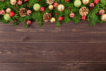 Christmas decoration border on wood background with copyspace