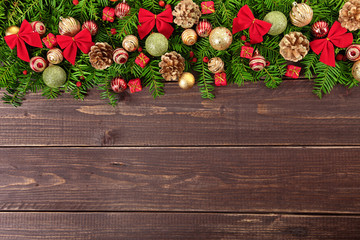 Christmas decoration border on wood background with copyspace