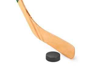 Ice hockey stick and puck