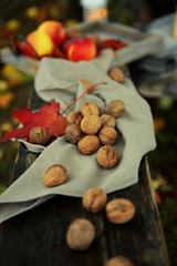 Fallen autumn leaves and walnuts on grass background