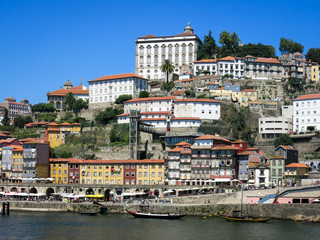 Fototapeta na wymiar The Ribeira District, quay alongside Douro River, Porto, Portugal