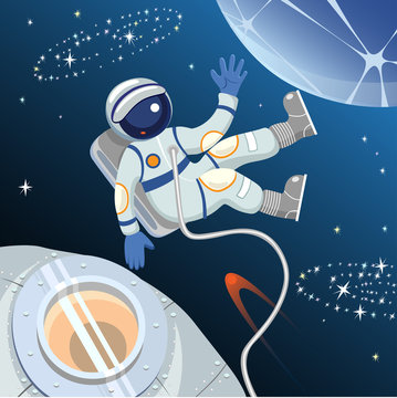 Астронавт в скафандре в открытом космосе на фоне лупы, галактик, кометы и космического корабля