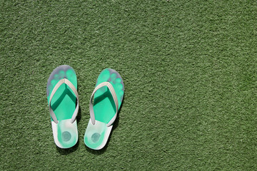 Old slippers on green grass