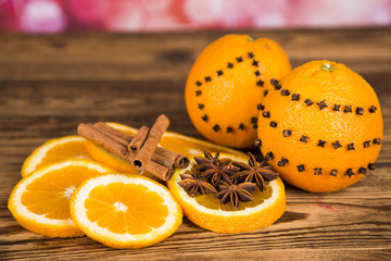 Christmas, oranges and cinnamon with anise, - obrazy, fototapety, plakaty