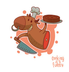 Vector Cooking it is funny, Beef. Cartoon image of a funny half brown cow in a chef's hat with a knife and a tray of meat on the hoofs in a pink and white background. 