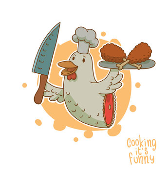 Vector Cooking it is funny, Chicken. Cartoon image of half gray chicken in a chef's hat with a knife and a tray of meat on the paws in an orange and white background. 