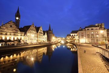 view of graslei embankment in  ghent old town