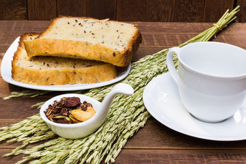 Coffee, Chocolate granola and Whole wheat Bread Healthy breakfast.
