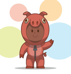 Vector Kid in the animal costume, pig. Cartoon image of a kid in a pig costume pink color on a colorful background.