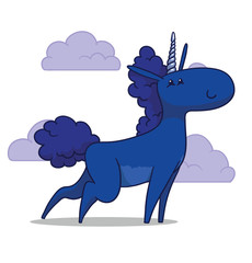 Vector Cute unicorn,  blue. Cartoon image of a cute blue unicorn on a light background with lilac clouds.