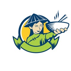 asian noodle female cartoon mascot for fast food restauran  holding bowl vector illustration on white background