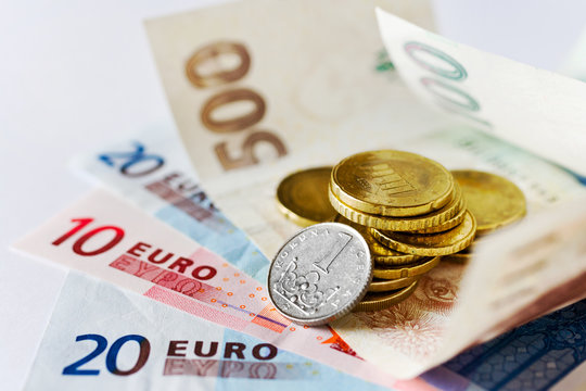 Czech money and Euro banknotes - European union and Czech republic
