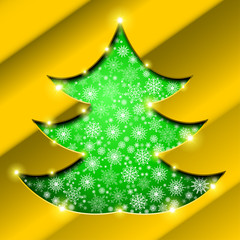 Christmas tree with golden border, snowflakes and sparkles