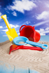 Fototapeta na wymiar Colorful toys for children Sandbox, holiday 