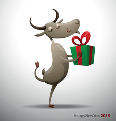 Vector cartoon image of gray goat  holding in the hooves a green gift tied with red ribbon on a light gray background. In the theme of Christmas and New Year.
