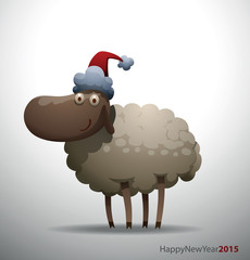 Vector cartoon image of gray sheep in the red Santa's hat on a light gray background. In the theme of Christmas and New Year.