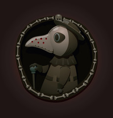 Vector cartoon image of a round label with plague doctor in a cloak, a hat and a plague mask with a cane in his hand on a dark gray background. Painted in gray and brown tones.