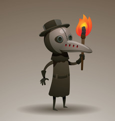 Vector cartoon image of a plague doctor in a cloak, a hat and a plague mask with a torch in his hand on a gray background. Painted in gray and brown tones.