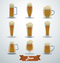 Vector Set of Beer. Image of nine beer steins of various shapes and sizes on a light background.