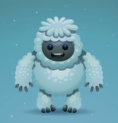 Vector Cute Yeti. Cartoon image of a white cute smiling Yeti on a snowy light blue background. In the theme of Christmas and New Year.
