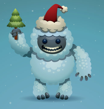 Vector cartoon image of a white cute smiling Yeti  in red Santa's hat with green Christmas tree in his hand on a snowy light blue background. In the theme of Christmas and New Year.
