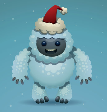 Vector Cute Yeti in Santa's hat. Cartoon image of a white cute smiling Yeti  in red Santa's hat on a snowy light blue background. In the theme of Christmas and New Year.