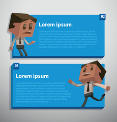 Vector Infographics. Image of Information banners consisting of two steps rectangles blue color with cube people, upset and happy on a gray background. 