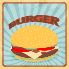 Fast food hamburger illustration retro grunge. Flat vector.